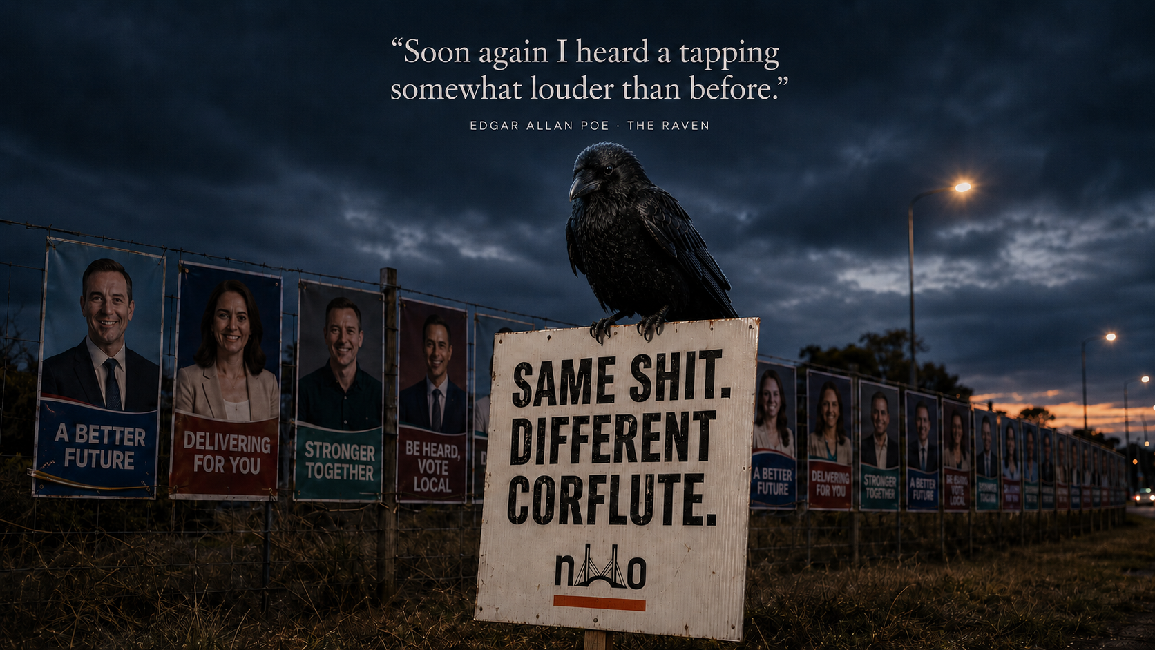 A raven watches over election signs at dawn. “Soon again I heard a tapping somewhat louder than before.” Edgar Allan Poe, The Raven. The central sign reads: “Same shit. Different corflute.”